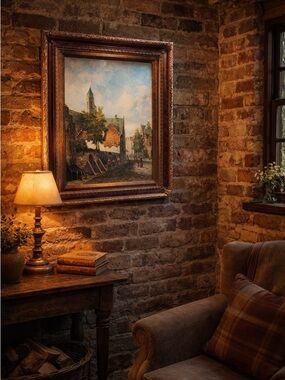 Vintage European Village Oil Painting – Ornate Frame